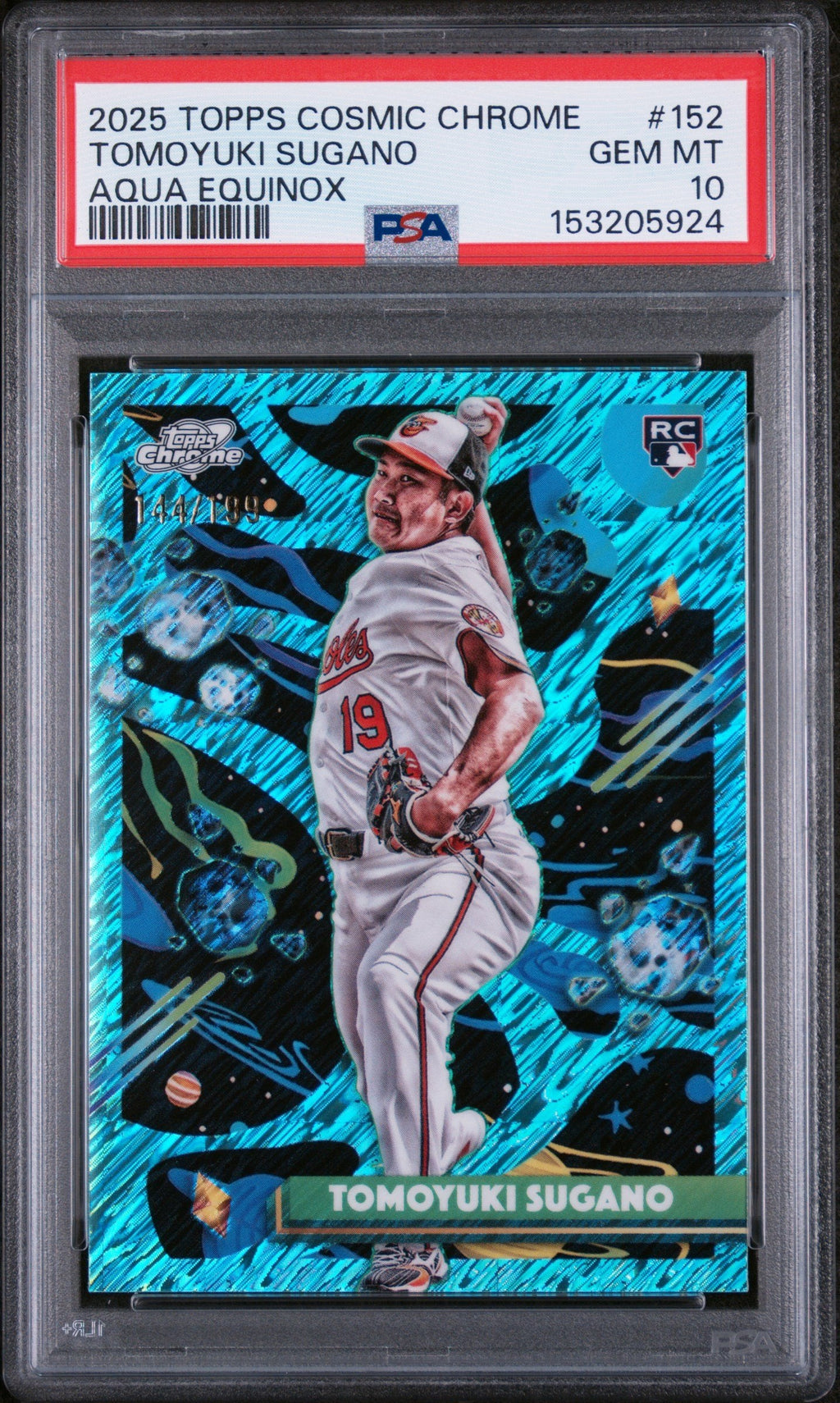 Graded 2025 Topps Chrome Cosmic Tomoyuki Sugano #152 Aqua Equinox Refractor /199 Rookie RC Baseball Card PSA 10 Gem Mint