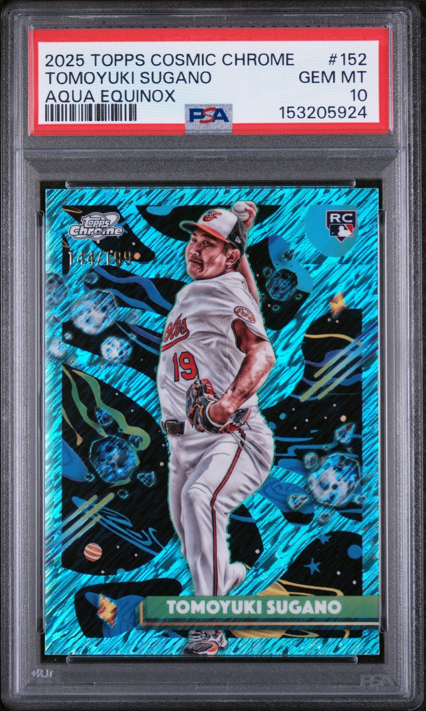 Graded 2025 Topps Chrome Cosmic Tomoyuki Sugano #152 Aqua Equinox Refractor /199 Rookie RC Baseball Card PSA 10 Gem Mint
