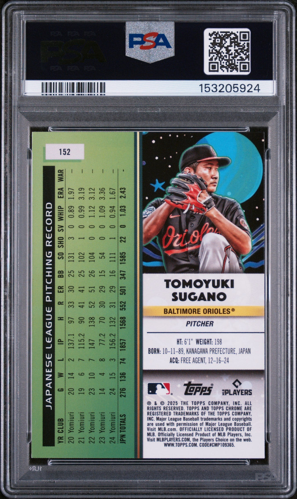 Graded 2025 Topps Chrome Cosmic Tomoyuki Sugano #152 Aqua Equinox Refractor /199 Rookie RC Baseball Card PSA 10 Gem Mint