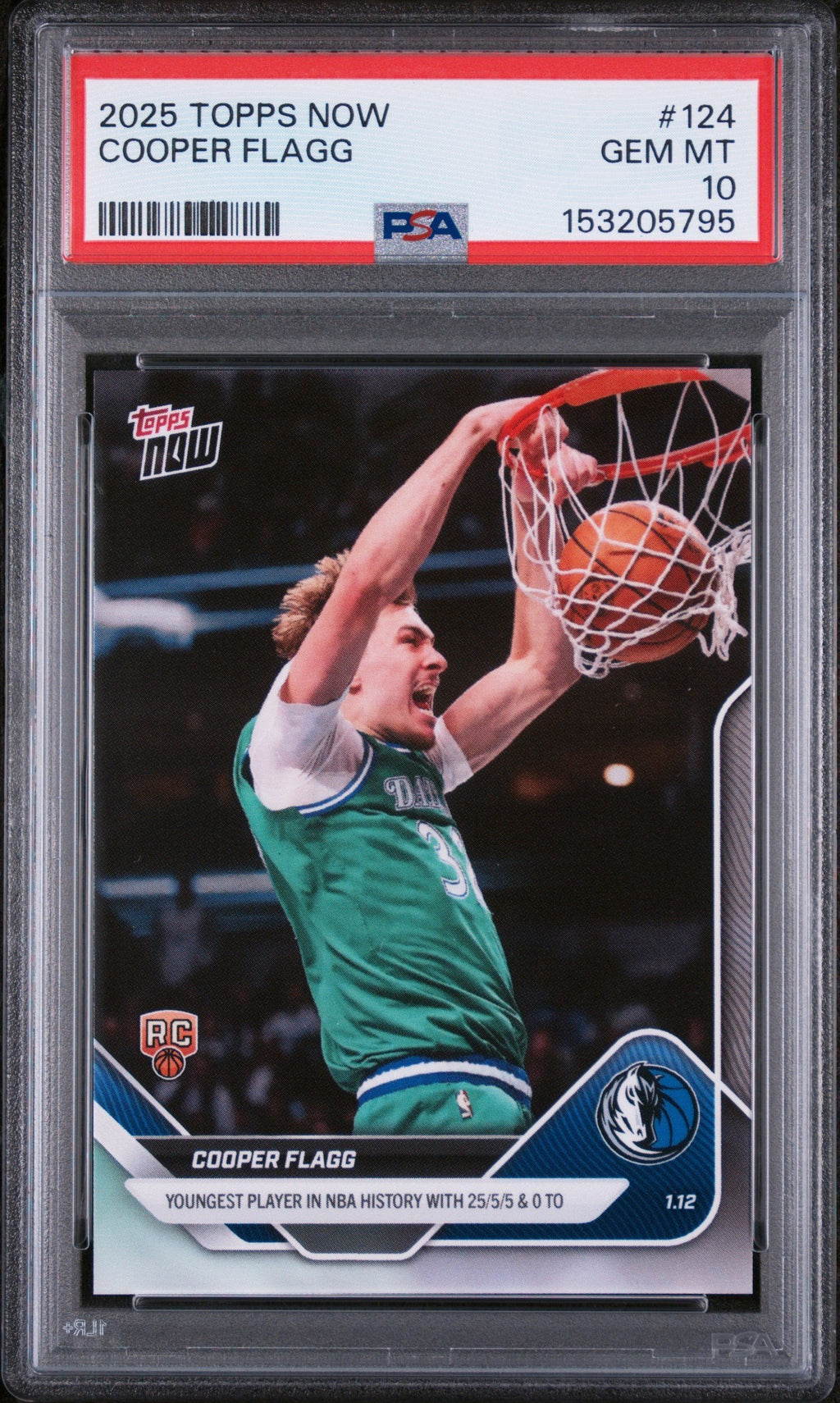 Graded 2025 Topps Now Cooper Flagg #124 Rookie RC Basketball Card PSA 10 Gem Mint