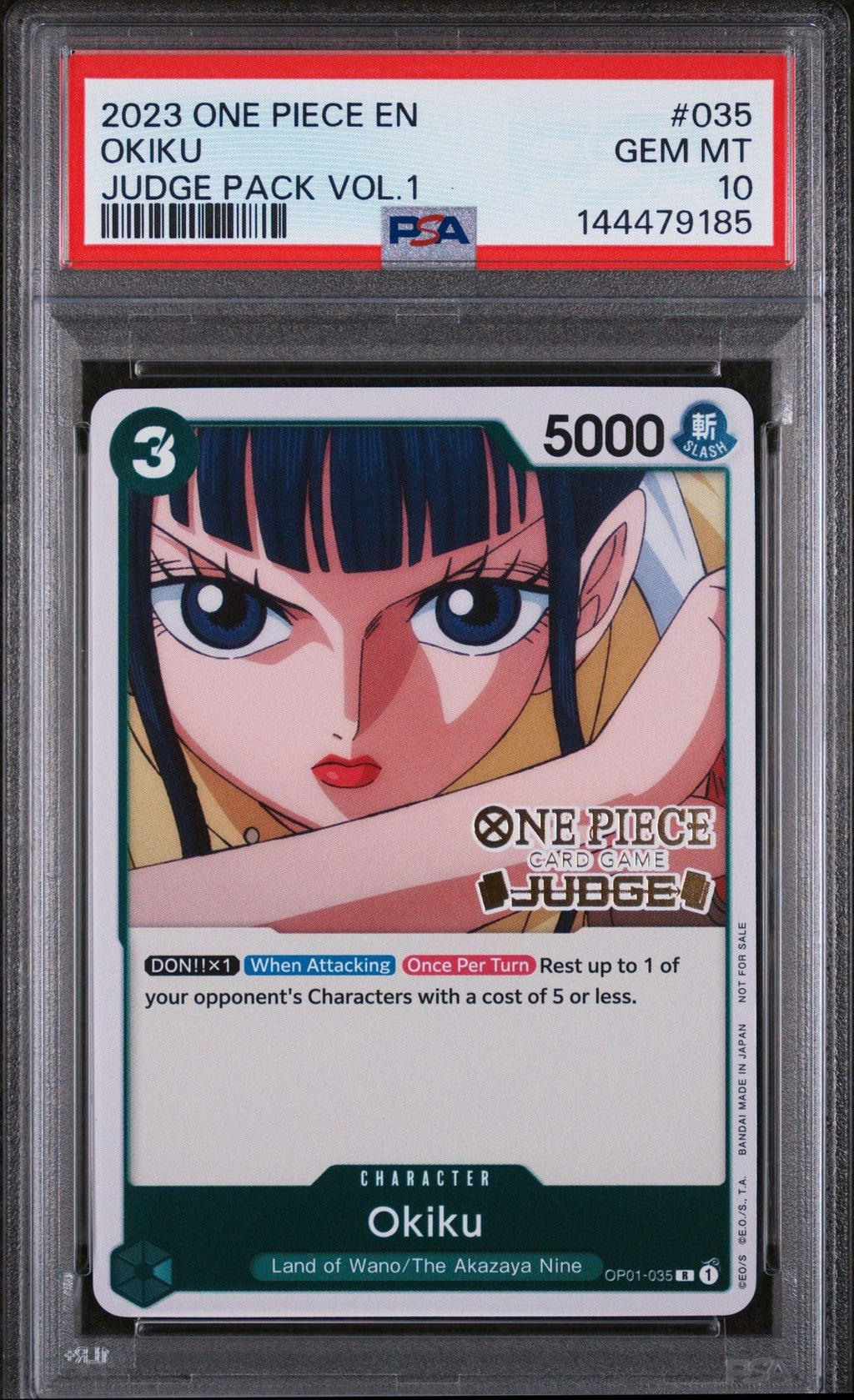 Graded 2023 One Piece Okiku #035 Judge Pack Trading Card Game PSA 10 Gem Mint