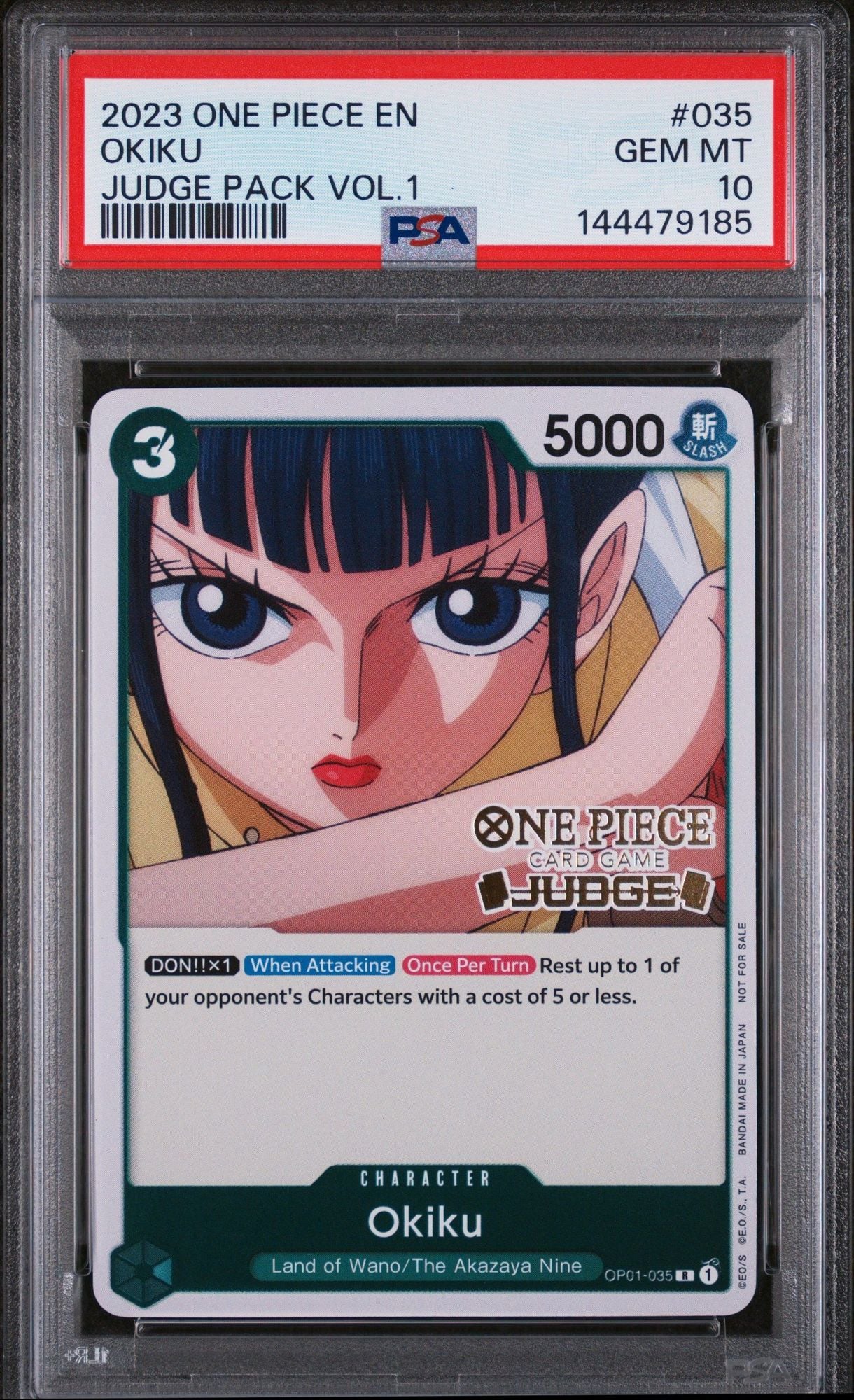 Graded 2023 One Piece Okiku #035 Judge Pack Trading Card Game PSA 10 Gem Mint