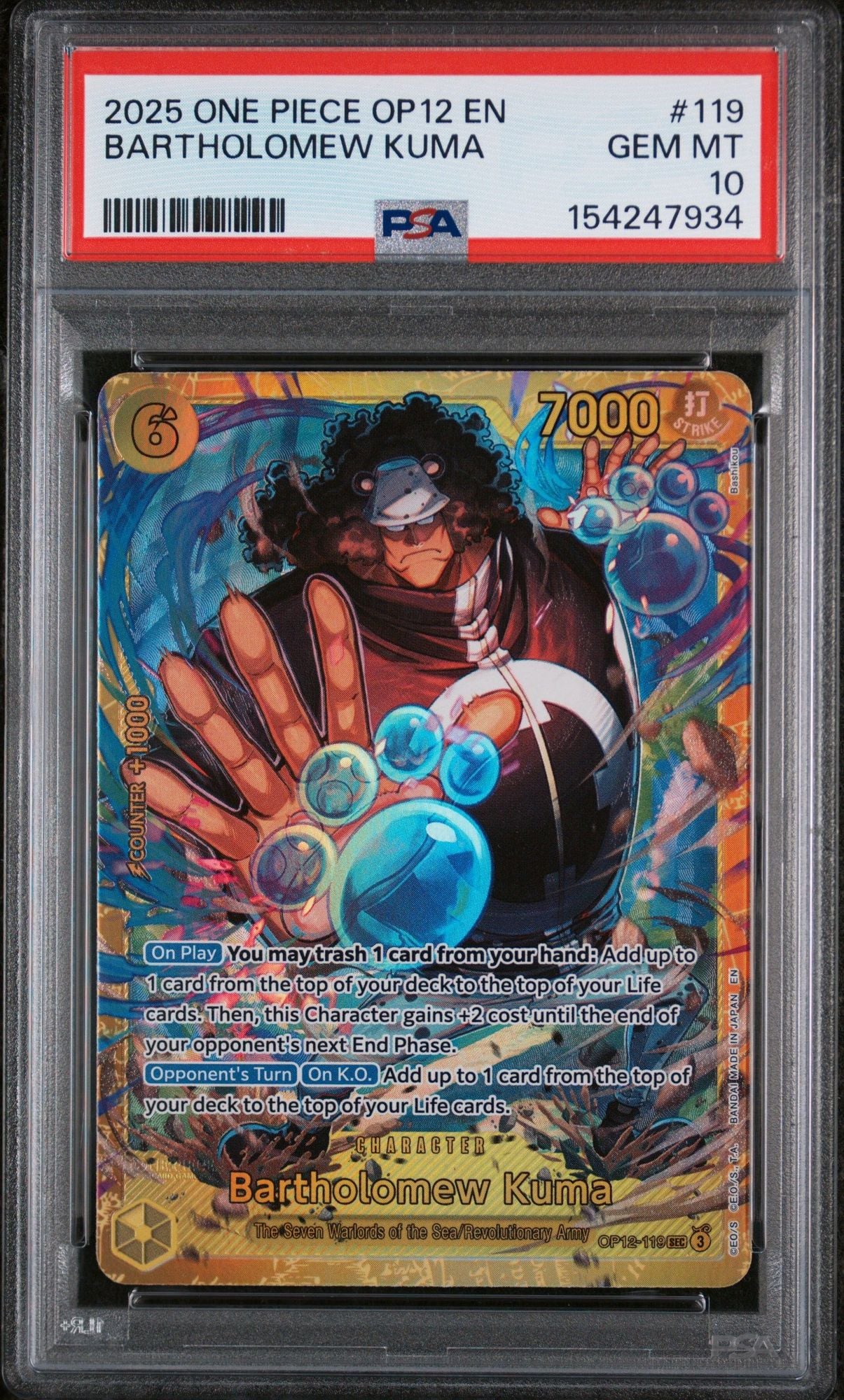 Graded 2025 One Piece EN Bartholomew Kuma #119 Trading Card Game PSA 10 Gem Mint
