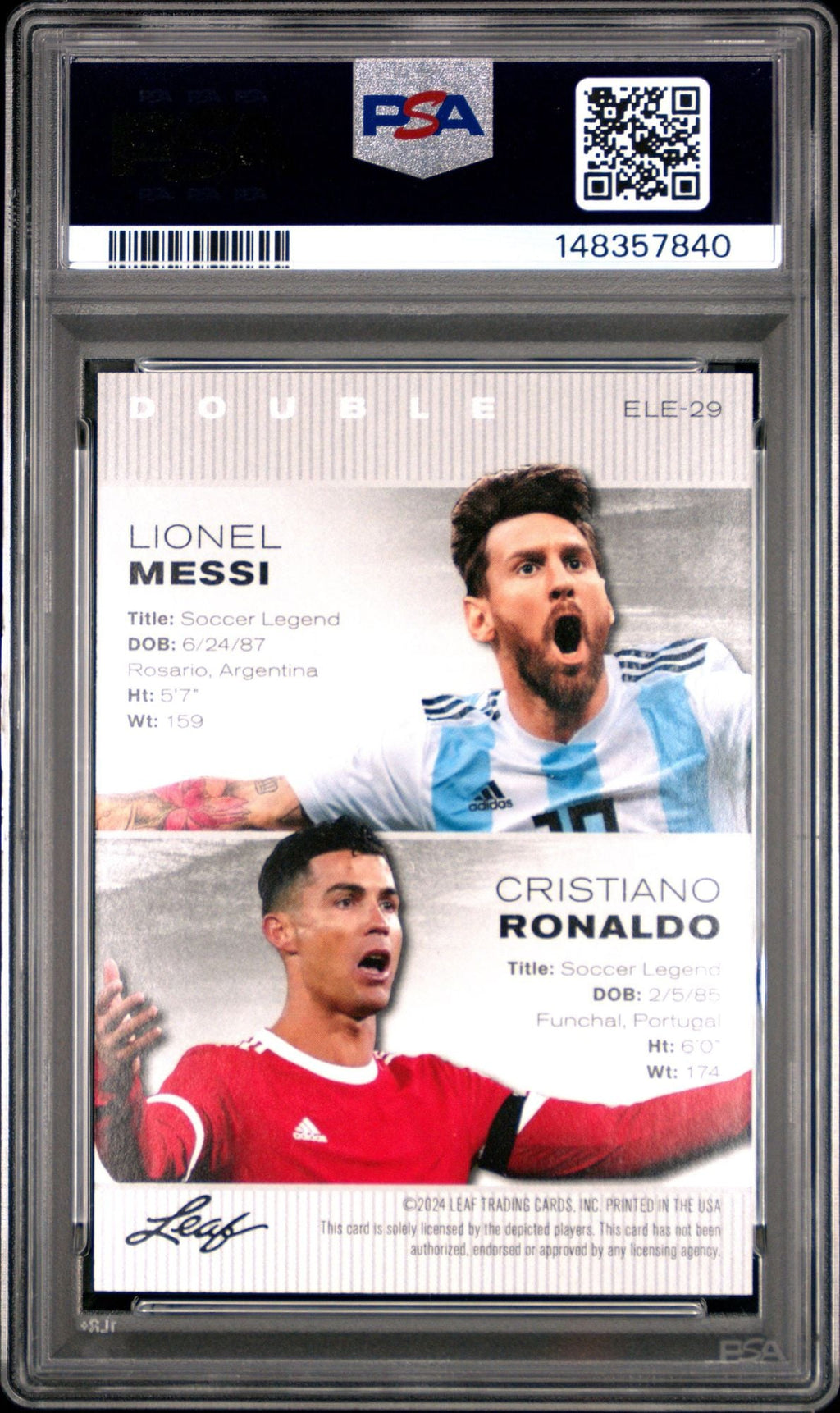 Graded 2024 Leaf Special Release Lionel Messi Cristiano Ronaldo #ELE29 Exclusive Legends Edition Soccer Card PSA 10 Gem Mint