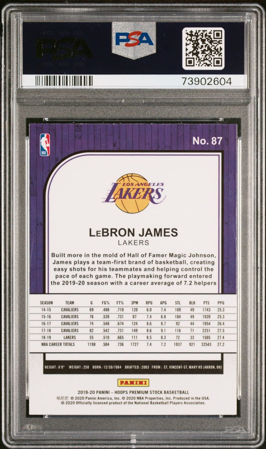 Graded 2019 Panini NBA Hoops Premium Stock LeBron James #87 Basketball Card PSA 10 Gem Mint