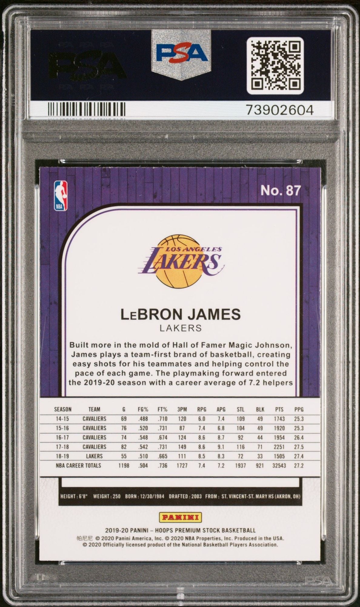 Graded 2019 Panini NBA Hoops Premium Stock LeBron James #87 Basketball Card PSA 10 Gem Mint