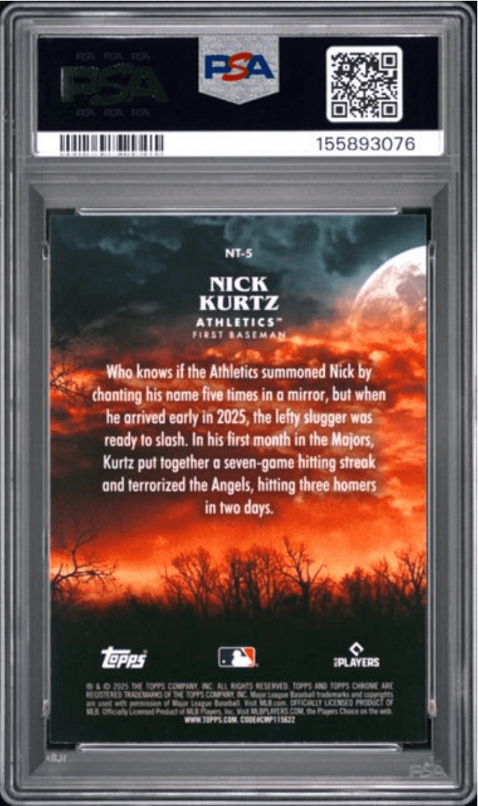Graded 2025 Topps Chrome Update Nick Kurtz #5 Night Terrors Rookie RC Baseball Card PSA 10 Gem Mint