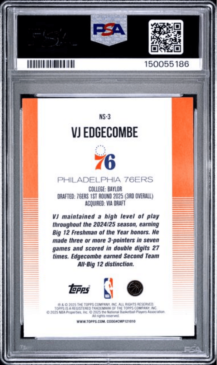 Graded 2025 Topps VJ Edgecombe #NS3 New School Rookie RC Basketball Card PSA 10 Gem Mint