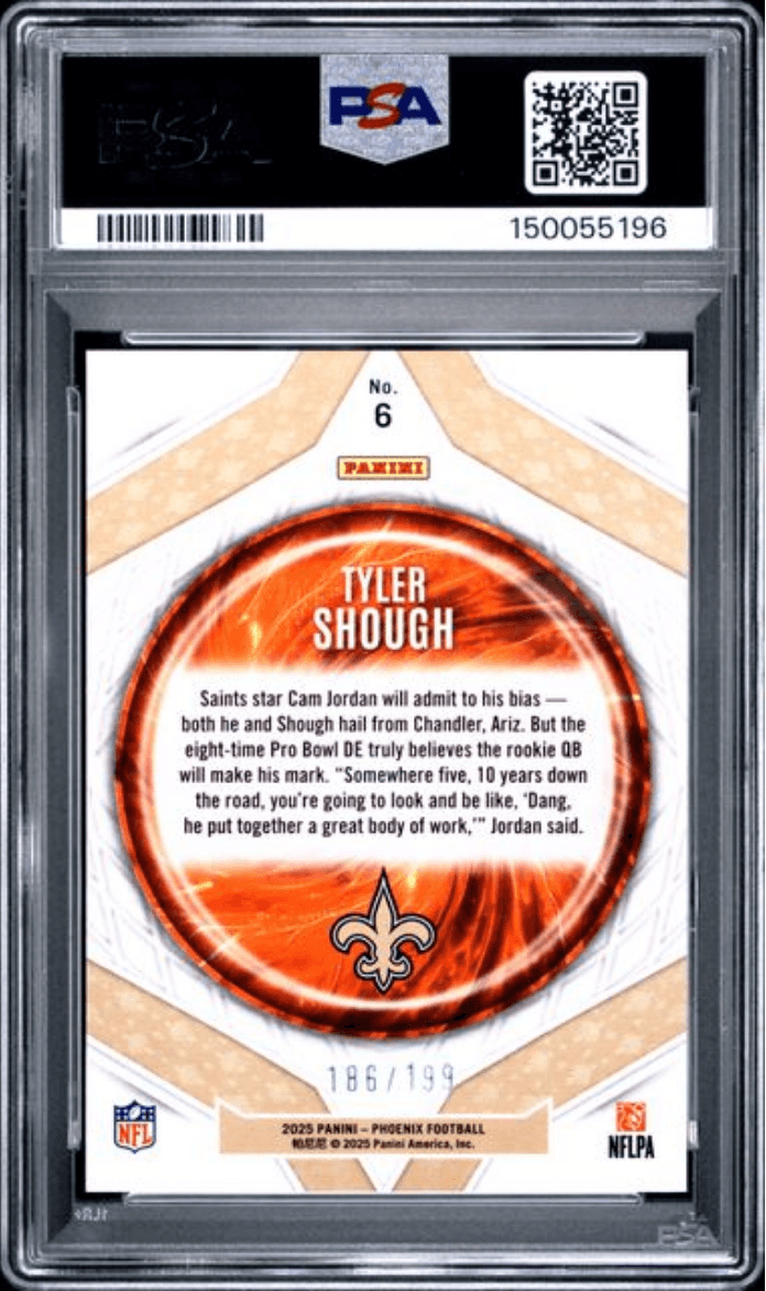 Graded 2025 Panini Phoenix Tyler Shough #6 Paragon Blue /199 Rookie RC Football Card PSA 10 Gem Mint