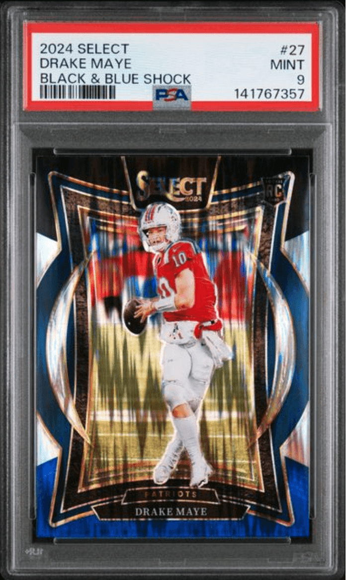 Graded 2024 Panini Select Drake Maye #27 Black & Blue Shock Rookie RC Football Card PSA 9 Mint