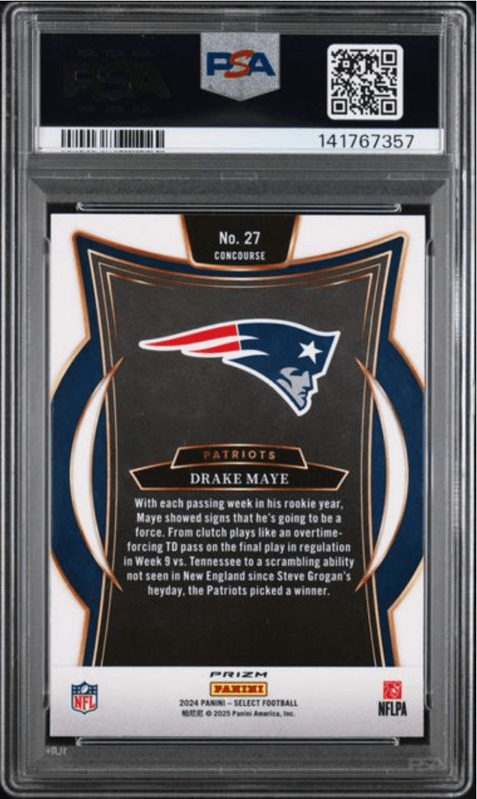 Graded 2024 Panini Select Drake Maye #27 Black & Blue Shock Rookie RC Football Card PSA 9 Mint