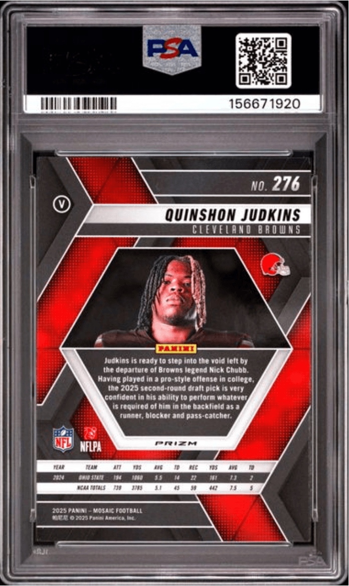Graded 2025 Panini Mosaic Quinshon Judkins #271 Green Rookie RC Football Card PSA 10 Gem Mint