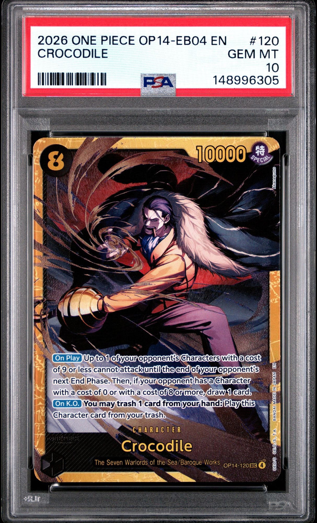 Graded 2026 One Piece Crocodile #120 OP14 Trading Card Game PSA 10 Gem Mint