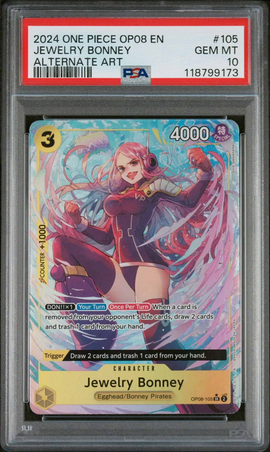 Graded 2024 One Piece Jewelry Bonney #105 Trading Card Game PSA 10 Gem Mint
