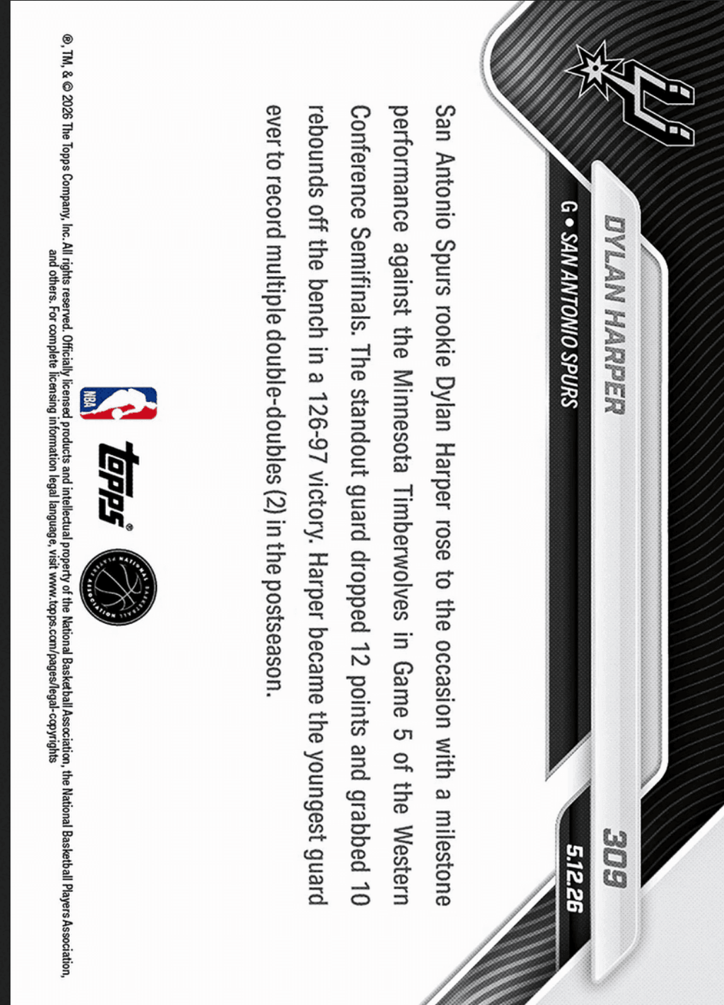 2025 Topps Now Dylan Harper #309 Black Foil /10 Youngest Guard Ever with Multiple Playoff Double Doubles San Antonio Spurs Rookie RC Basketball Card