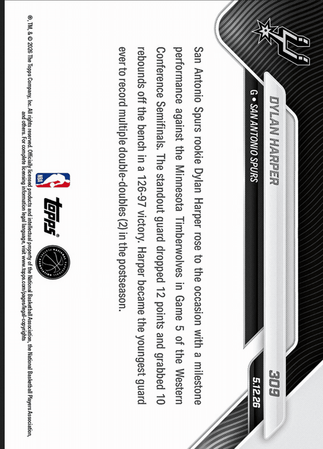 2025 Topps Now Dylan Harper #309 Black Foil /10 Youngest Guard Ever with Multiple Playoff Double Doubles San Antonio Spurs Rookie RC Basketball Card
