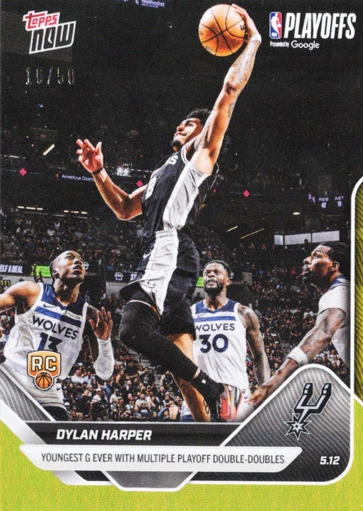 2025 Topps Now Dylan Harper #309 Gold Foil /50 Youngest Guard Ever with Multiple Playoff Double Doubles San Antonio Spurs Rookie RC Basketball Card