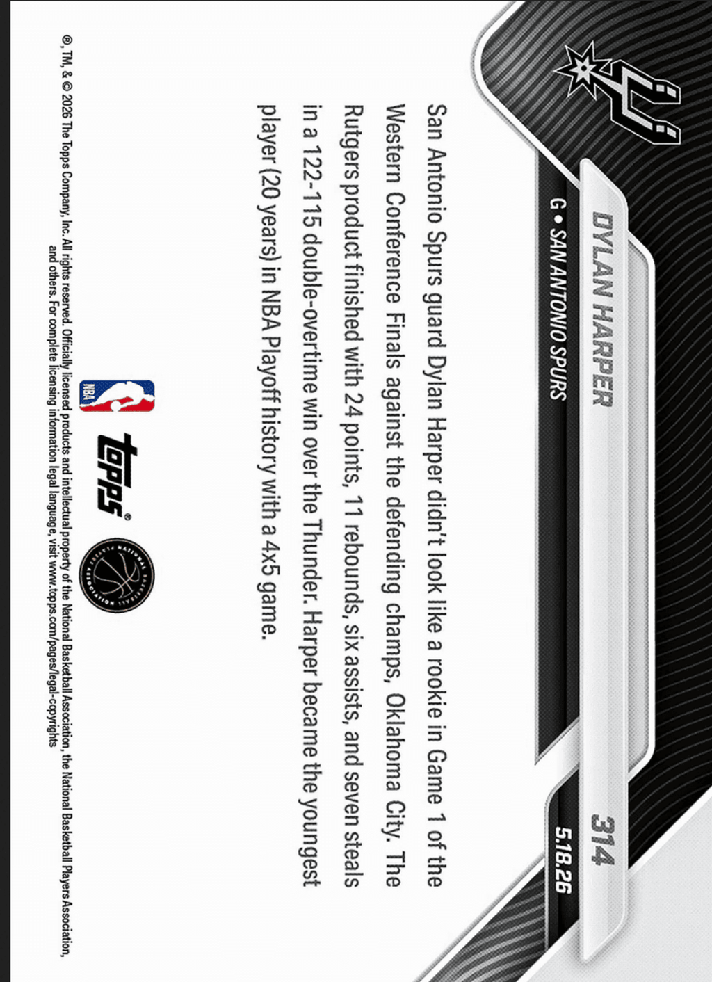 2025 Topps Now Dylan Harper #314 Gold Foil /50 Youngest in NBA Playoff History with 4x5 Game San Antonio Spurs Rookie RC Basketball Card