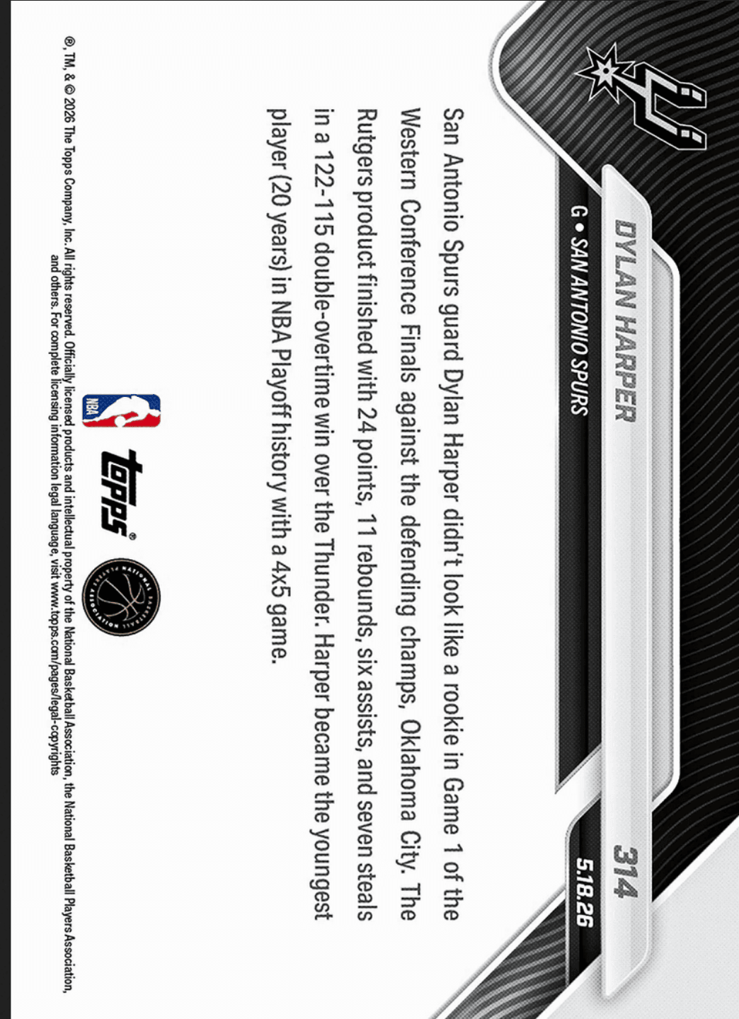 2025 Topps Now Dylan Harper #314 Gold Foil /50 Youngest in NBA Playoff History with 4x5 Game San Antonio Spurs Rookie RC Basketball Card