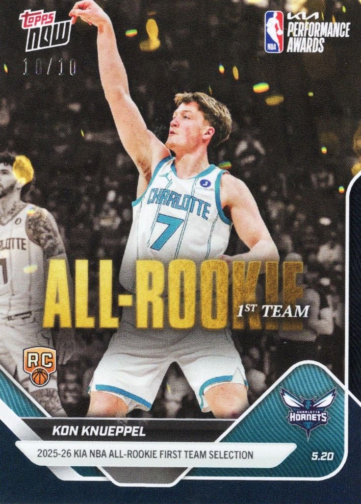 2025 Topps Now Kon Knueppel #AR02 Black Foil /10 2025-26 KIA NBA All Rookie First Team Selection Charlotte Hornets Rookie RC Basketball Card