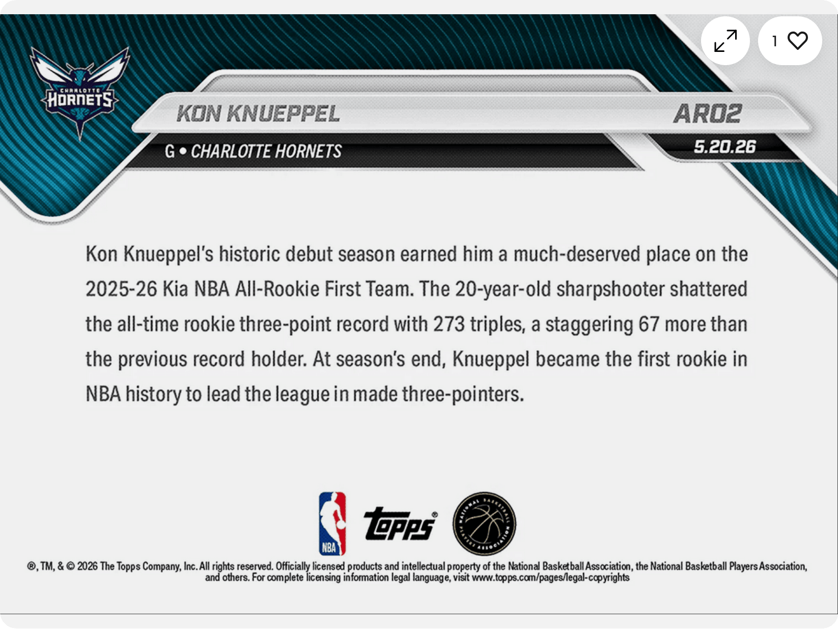 2025 Topps Now Kon Knueppel #AR02 Black Foil /10 2025-26 KIA NBA All Rookie First Team Selection Charlotte Hornets Rookie RC Basketball Card