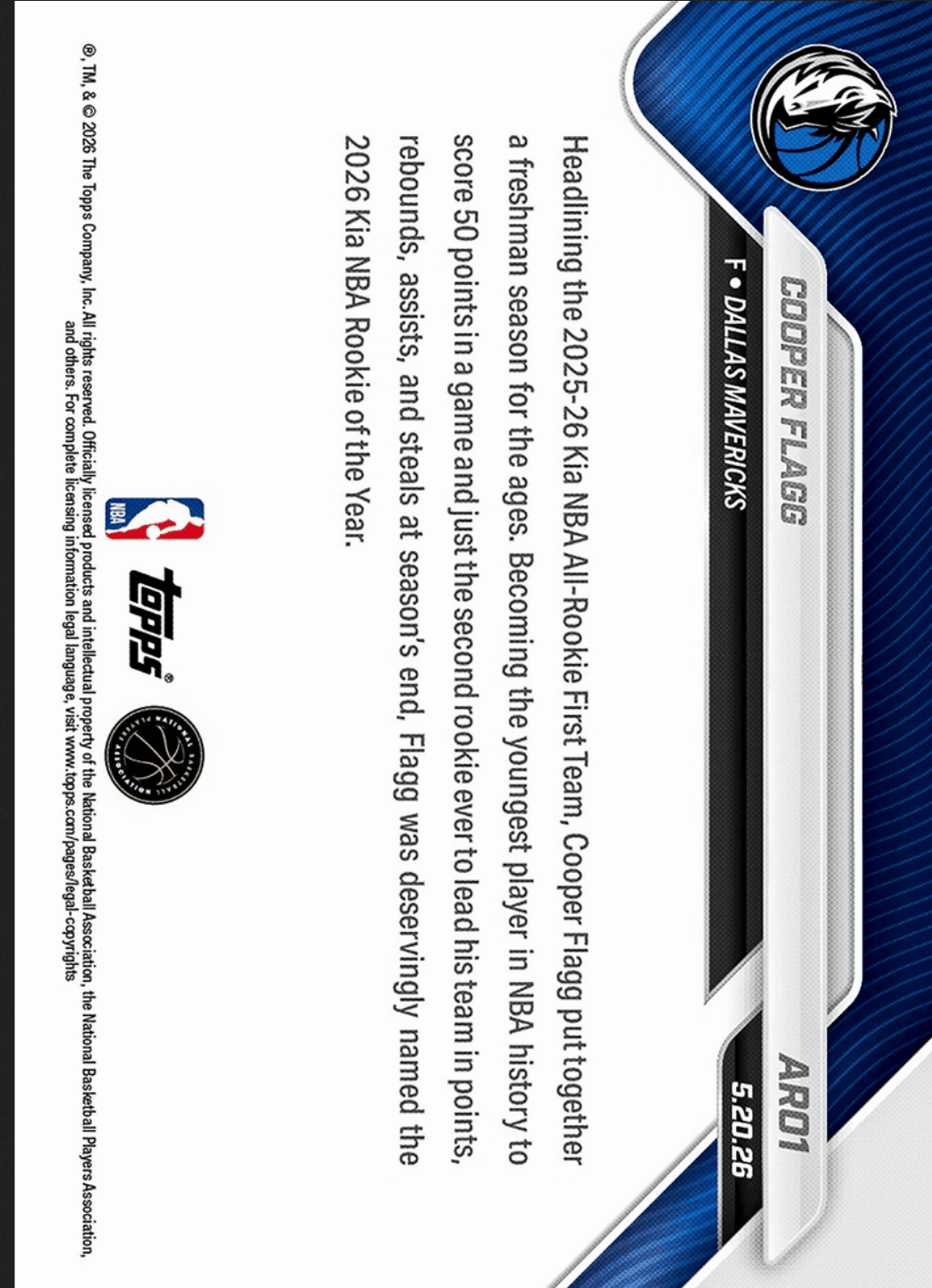 2025 Topps Now Cooper Flagg #AR01 Orange Foil /25 2025-26 KIA NBA All Rookie First Team Selection Dallas Mavericks Rookie RC Basketball Card