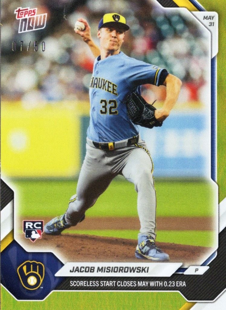 2026 Topps Now Jacob Misiorowski #272 Gold Foil /50 Scoreless Start Closes May with 0.23 ERA Milwaukee Brewers Rookie RC Baseball Card