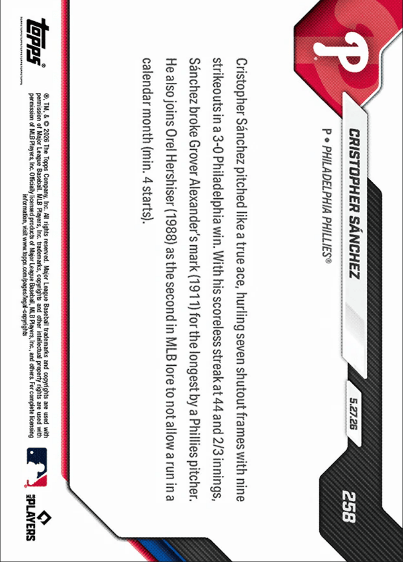2026 Topps Now Cristopher Sanchez #258 Club Mark for Longest Scoreless Innings Pitched Streak Philadelphia Phillies Baseball Card