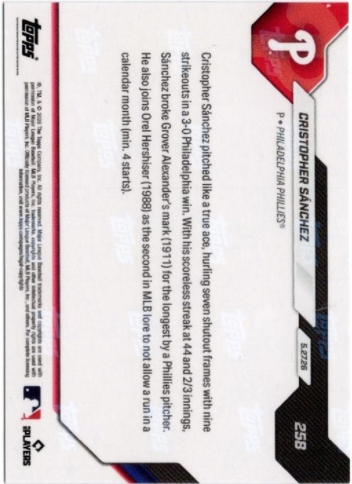 2026 Topps Now Cristopher Sanchez #258 Black Foil /10 Club Mark for Longest Scoreless Innings Pitched Streak Philadelphia Phillies Baseball Card