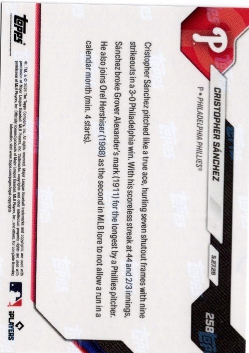 2026 Topps Now Cristopher Sanchez #258 Orange Foil /25 Club Mark for Longest Scoreless Innings Pitched Streak Philadelphia Phillies Baseball Card