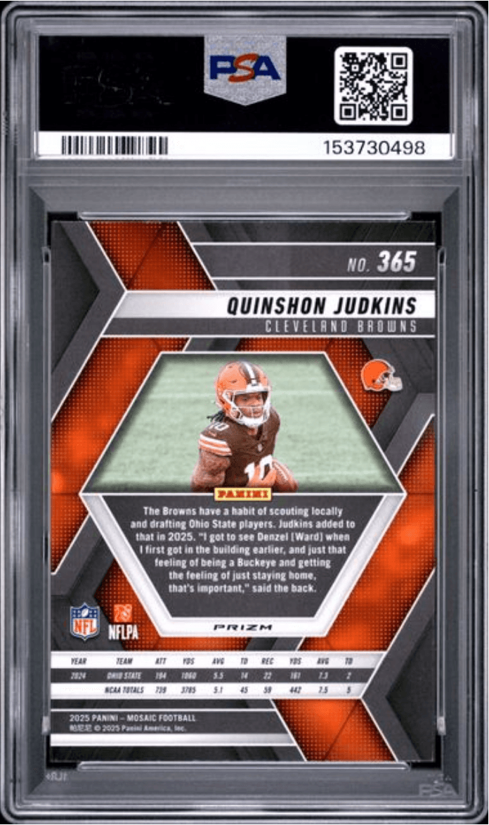Graded 2025 Panini Mosaic Quinshon Judkins #365 Green Rookie RC Football Card PSA 10 Gem Mint
