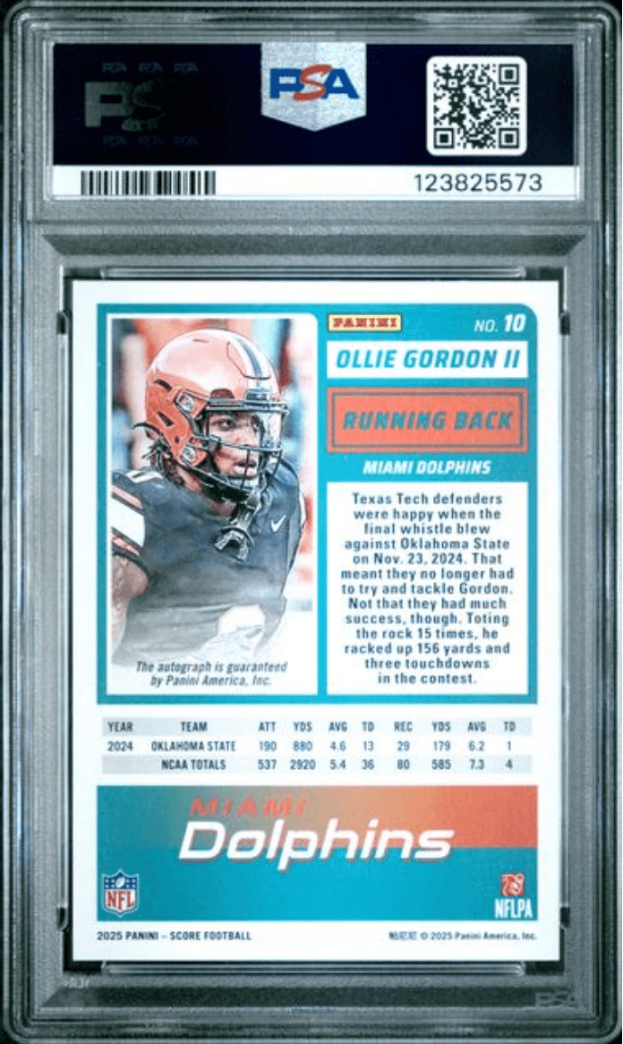 Graded 2025 Panini Score Ollie Gordon II #10 Signature Rookie RC Football Card PSA 10 Gem Mint