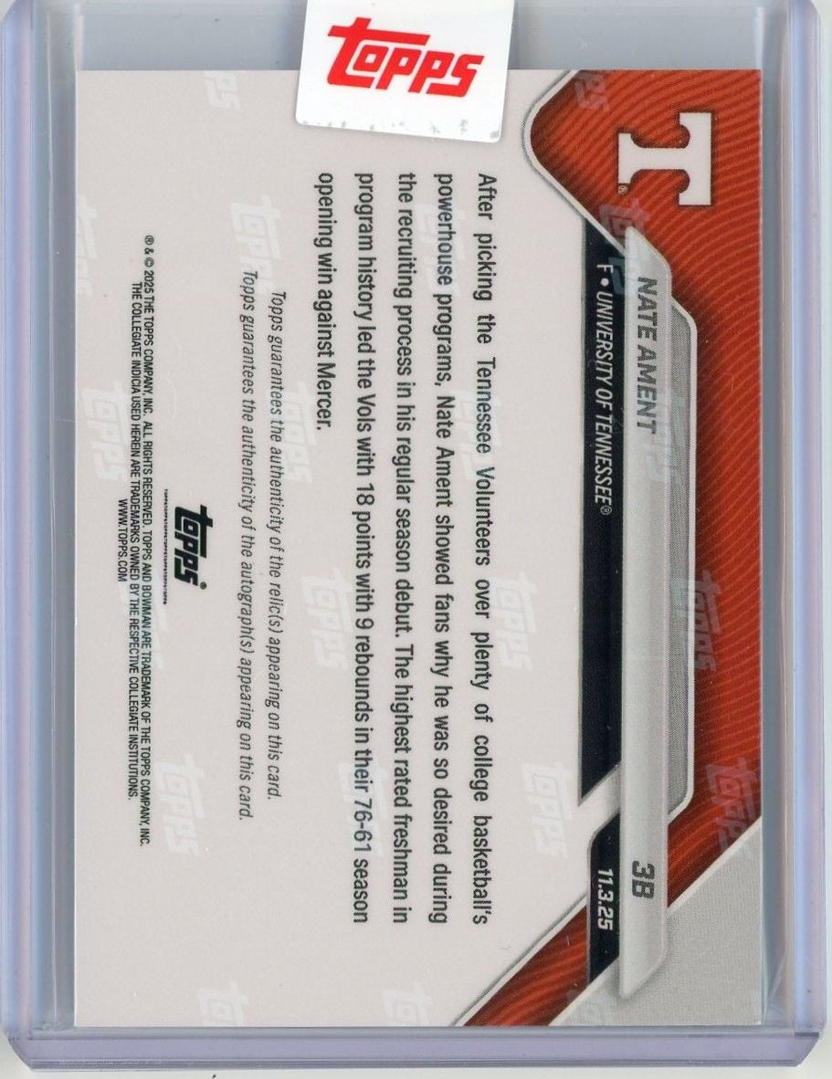 2025 Topps Bowman U Now Nate Ament #3B Black Relic Auto /10 Highest Recruit in Program History Stars in Debut Tennessee Volunteers Rookie RC Basketball Card
