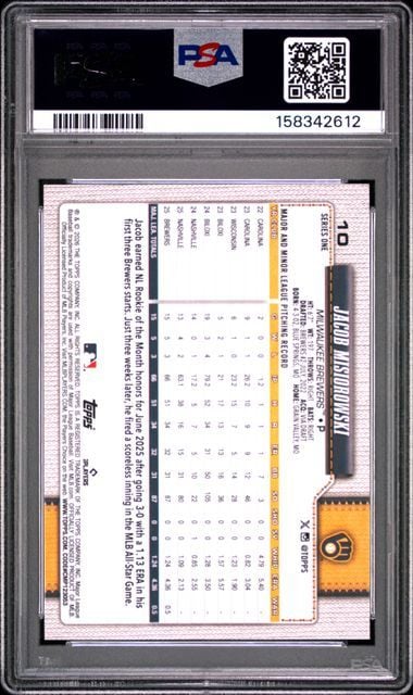 Graded 2026 Topps Jacob Misiorowski #10 Rookie RC Baseball Card PSA 10 Gem Mint