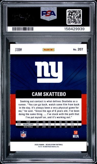Graded 2025 Panini Revolution Cam Skattebo #207 Red Storm Rookie RC Football Card PSA 10 Gem Mint