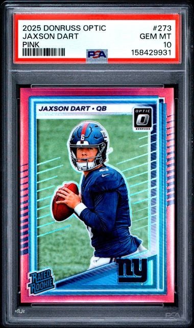 Graded 2025 Donruss Optic Jaxson Dart #273 Pink Rookie RC Football Card PSA 10 Gem Mint