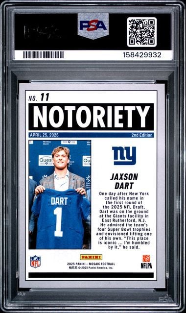 Graded 2025 Panini Mosaic Jaxson Dart #11 Notoriety Mosaic Rookie RC Football Card PSA 10 Gem Mint