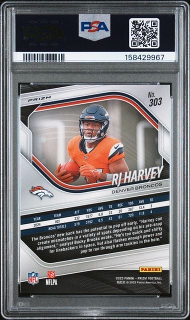 Graded 2025 Panini Prizm RJ Harvey #303 Lazer Prizm Rookie RC Football Card PSA 10 Gem Mint