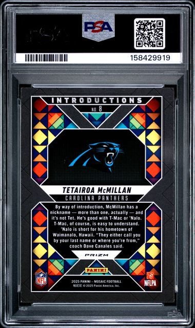 Graded 2025 Panini Mosaic Tetairoa McMillan #8 Introductions Mosaic Rookie RC Football Card PSA 10 Gem Mint