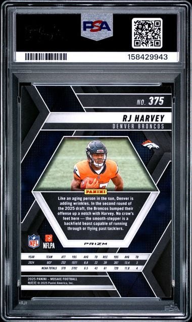 Graded 2025 Panini Mosaic RJ Harvey #375 Reactive Purple Rookie RC Football Card PSA 10 Gem Mint