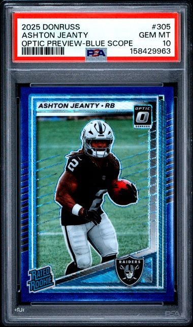 Graded 2025 Donruss Ashton Jeanty #305 Optic Preview Blue Scope Rookie RC Football Card PSA 10 Gem Mint