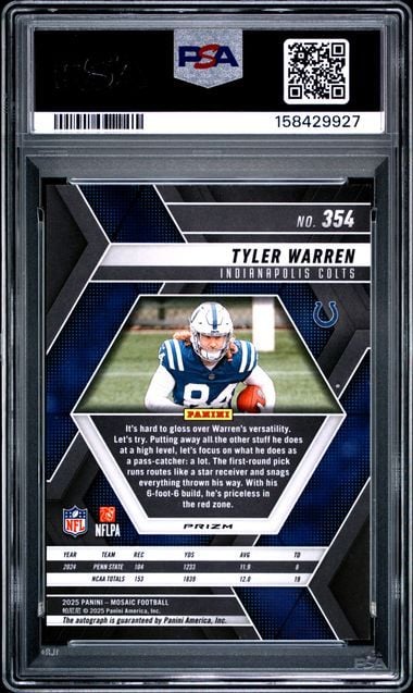 Graded 2025 Panini Mosaic Tyler Warren #354 Autograph Rookie RC Football Card PSA 10 Gem Mint