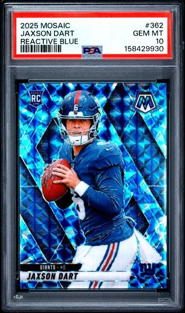 Graded 2025 Panini Mosaic Jaxson Dart #362 Reactive Blue Rookie RC Football Card PSA 10 Gem Mint