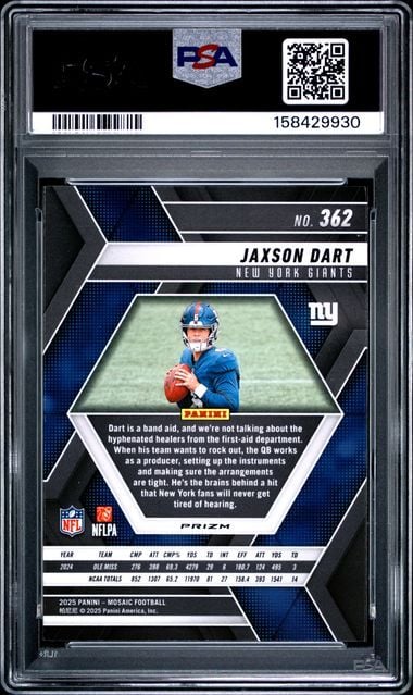 Graded 2025 Panini Mosaic Jaxson Dart #362 Reactive Blue Rookie RC Football Card PSA 10 Gem Mint