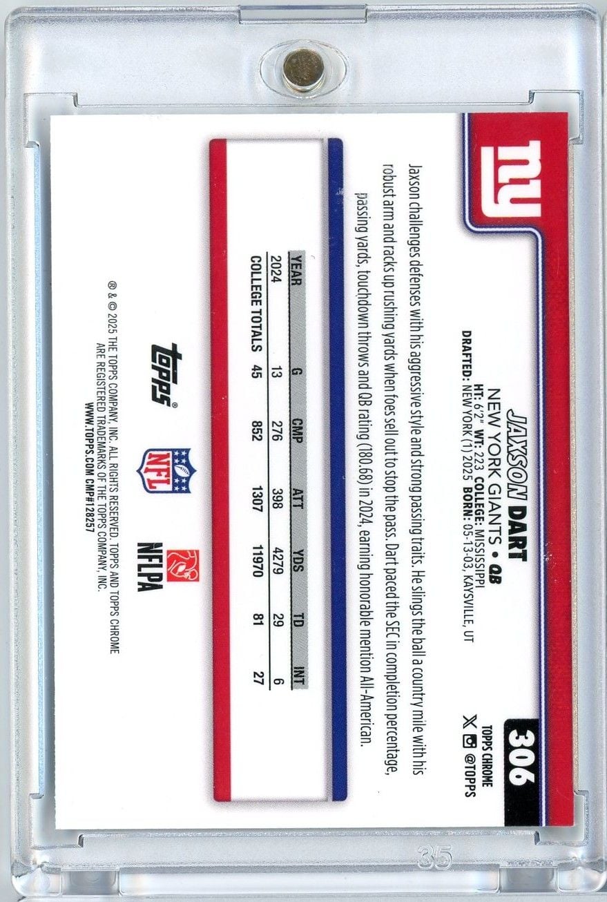 Graded 2025 Topps Chrome Jaxson Dart #306 Neon Pulse Refractor Rookie RC Football Card