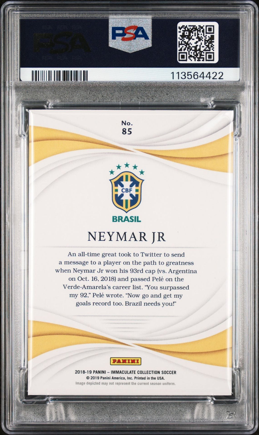 Neymar Jr Signed 2018 Panini Immaculate /65 - PSA 7 AUTO 9