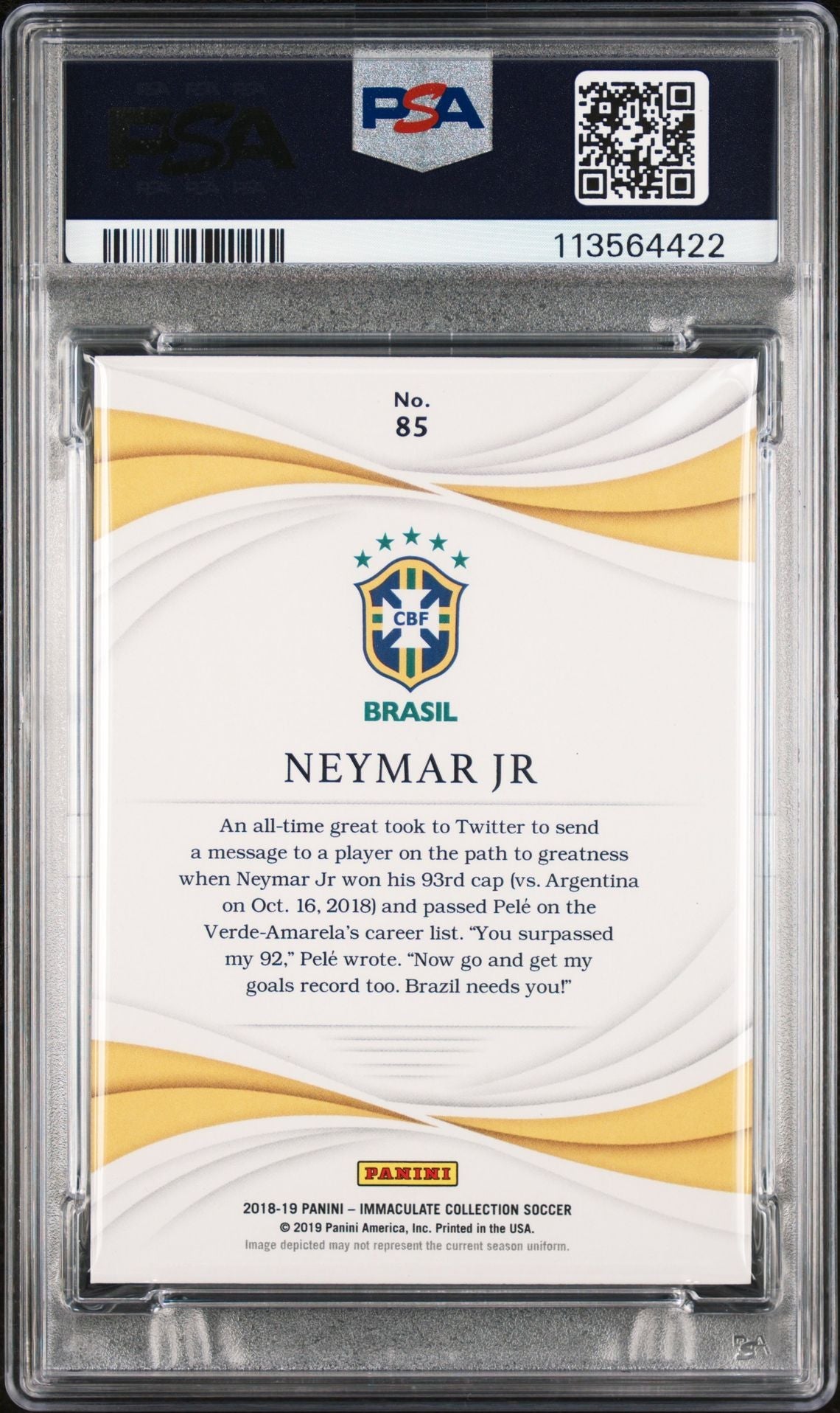 Neymar Jr Signed 2018 Panini Immaculate /65 - PSA 7 AUTO 9
