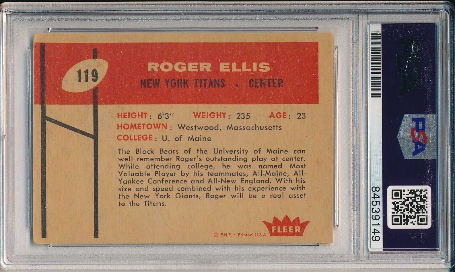 Roger Ellis Titans Signed/Inscribed 1960 Fleer Rookie Card #101 PSA/DNA 166813