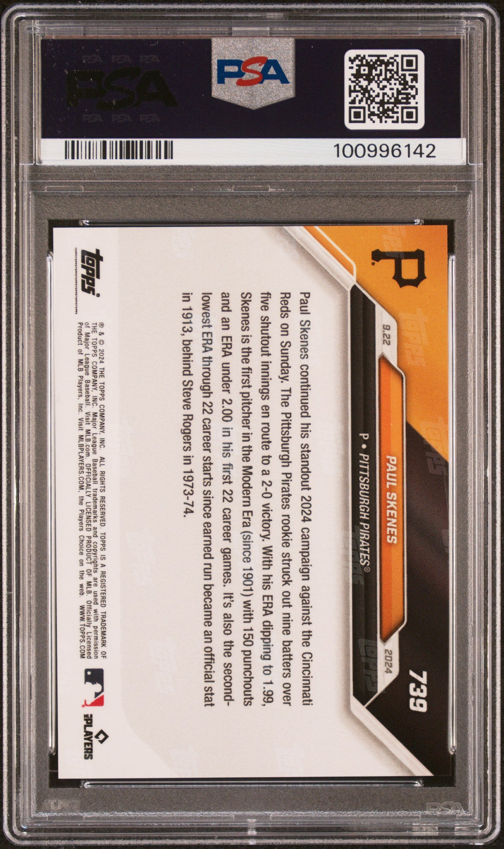 Graded 2024 Topps Now Paul Skenes #739 2nd Lowest ERA Through 22 Career Starts Since 1913 Rookie RC Baseball Card PSA 10 Gem Mint