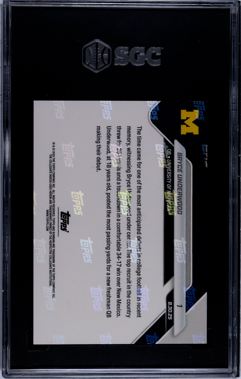 Graded 2025 Topps Bowman U Now Bryce Underwood #1 Generational Recruit Shines in Wolverines Debut Rookie RC Football Card SGC 9 Mint